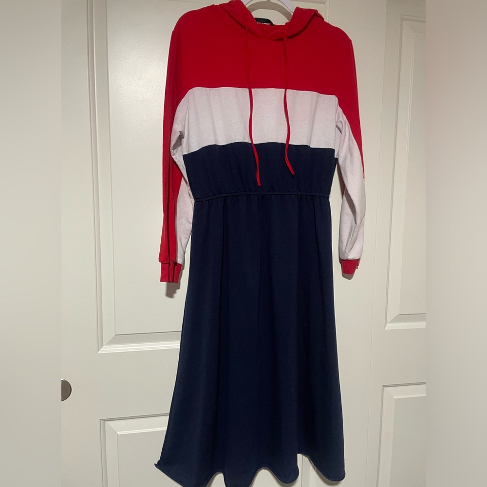 Casual Colorblock Hoodie Dress - Red White Navy - Picture 2 of 4